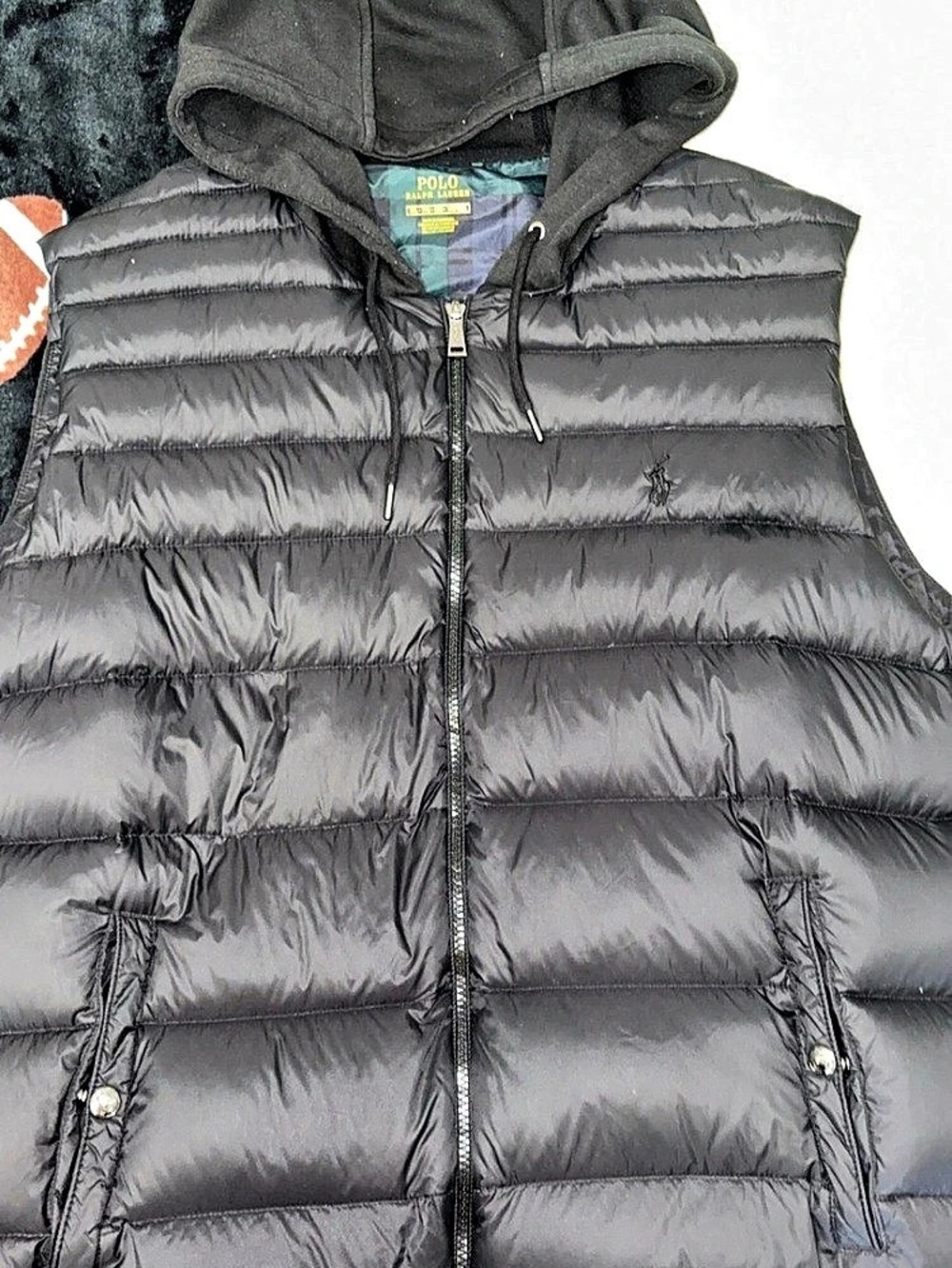Polo Ralph Lauren Men's Hooded Puffer Vest with Plaid Lining Black XL